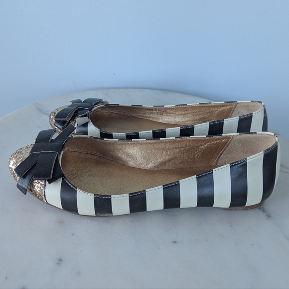 Kate Spade New York Trixie Gold Glitter Toe Black Striped Ballet Flat Shoes - Picture 9 of 13